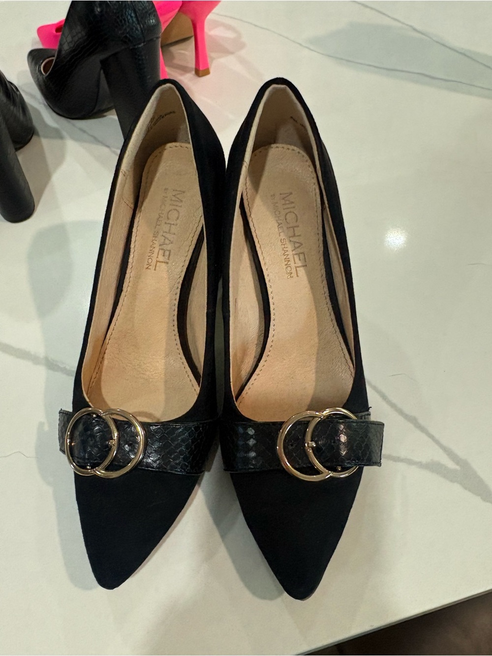Michael by Michael Shannon Black Suede Buckle Block Heel Pumps size 6